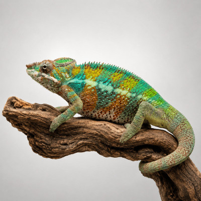Camaleón pantera macho adulto Nosy Be High Blue x Ambanja con colores azules intensos.