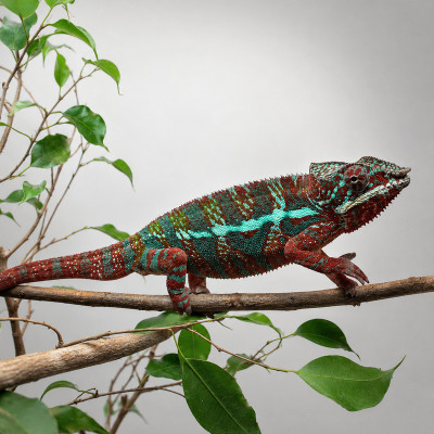 Camaleón pantera macho adulto localidad Ambilobe con cuerpo rojo intenso y barras azules brillantes en terrario.