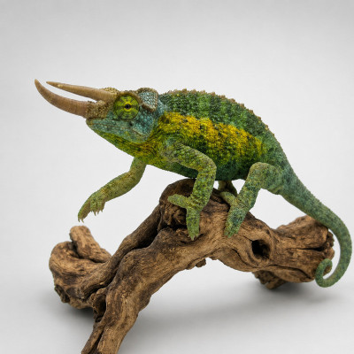 Macho adulto de camaleón de Jackson Rainbow Trioceros jacksonii con sus tres cuernos característicos.